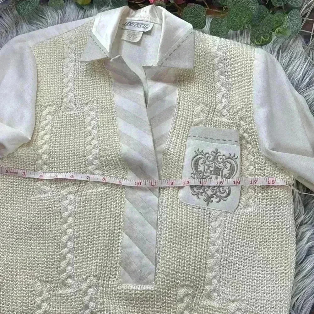Vintage Ivory Sweater Shirt with Gold Emblem, M - Picture 8 of 13